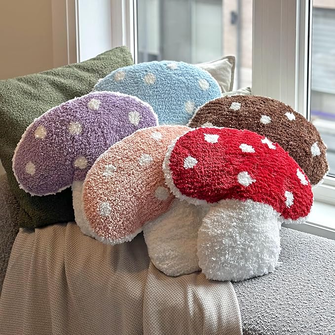 Mushroom Throw Pillow Tufted Decorative Cushion 15” x 15” – Decor for Bed, Couch, Living Room (Blue)