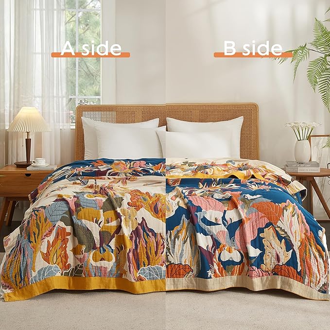 Boho Throw Blanket for Bed 50”x60”, 100% Cotton Woven Blanket for Couch Sofa, Ultra Soft 4-Layer Muslin Quilt with Floral Printed, Farmhouse Bed Blanket/Cover for Living Room Decor