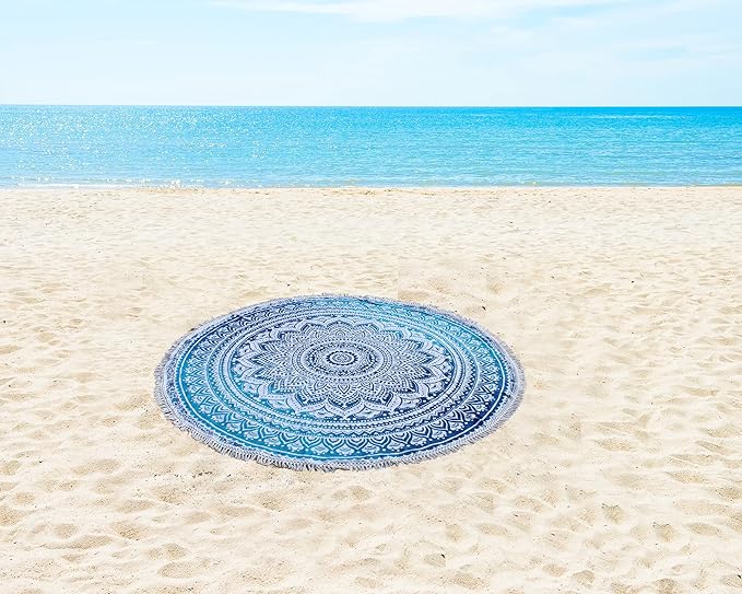 Round Beach Tapestry Turquoise Mandala Throw/Boho Hippie Beach Blanket Roundie/Indian Cotton Bohemian Large Round Table Cloth-Home Decor/Yoga Mat Meditation Picnic Rug (42", Blue and White)