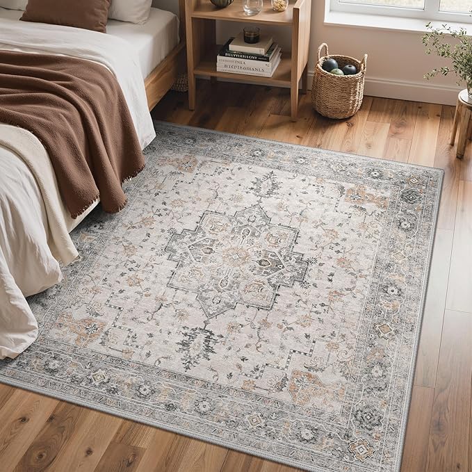 GENIMO 5x5 Area Rugs for Living Room, Machine Washable Rug, Non Slip Indoor Vintage Rug, Low Pile Lightweight Chenille Print Carpet for Bedroom Dining Room Home Office, Light Taupe Brown