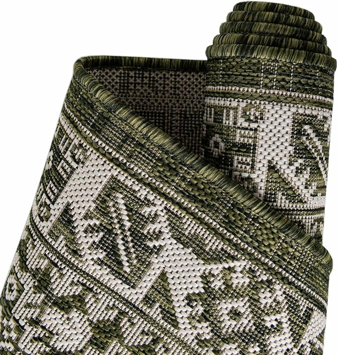 Rugs.com Outdoor Aztec Collection Rug – 13 Ft Square Green Flatweave-Pile Rug Perfect for Living Rooms, Kitchens, Entryways