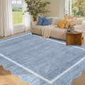 GarveeHome Scalloped 3x5 Washable Rug for Entryway, Super Soft Entryway Rug Non-Slip, Printed Faux Wool Floral 3x5 Area Rug Thin Floor Carpet for Kitchen, Bedroom, Office, Living Room, Blue