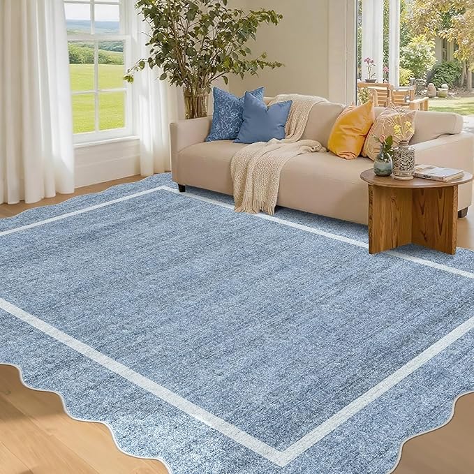 GarveeHome Scalloped 3x5 Washable Rug for Entryway, Super Soft Entryway Rug Non-Slip, Printed Faux Wool Floral 3x5 Area Rug Thin Floor Carpet for Kitchen, Bedroom, Office, Living Room, Blue