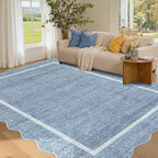 GarveeHome Scalloped 3x5 Washable Rug for Entryway, Super Soft Entryway Rug Non-Slip, Printed Faux Wool Floral 3x5 Area Rug Thin Floor Carpet for Kitchen, Bedroom, Office, Living Room, Blue