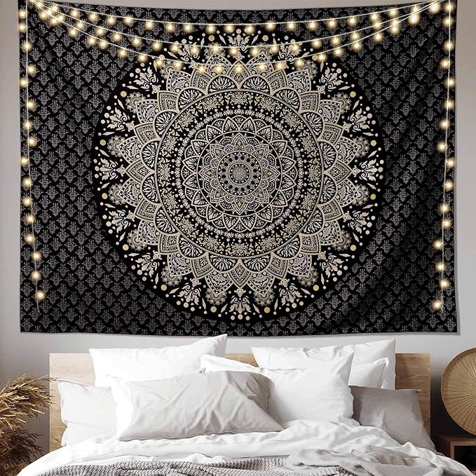 Edeesky Black Golden Mandala Tapestry Wall Hanging Psychedelic Medallion Wall Tapestry Aesthetic Indian Hippie Decor Bohemian Art Boho Home Decoration for Bedroom,Living Room,Dorm