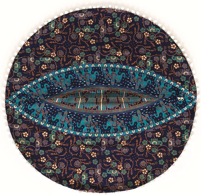 Popular Handicrafts Floor Pillow Cushion Cover - Hippie Elephant Mandala Cushion Cover Large Cotton - Pouf Cover Round Bohemian Yoga Decor, 32" Turqouise