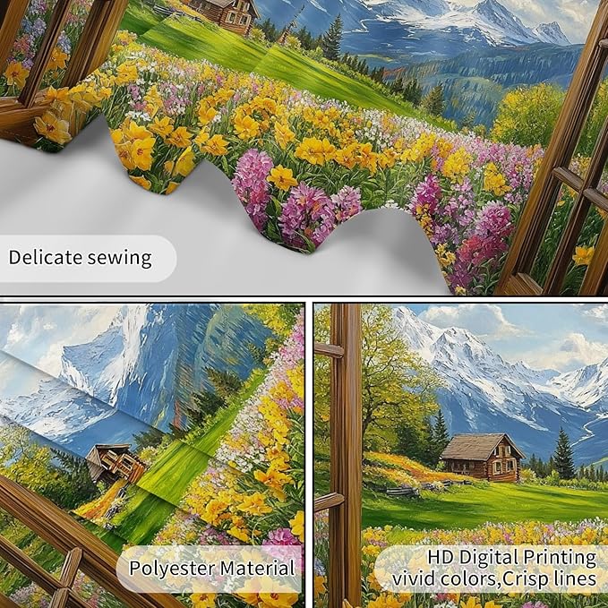 EOBTAIN Garden Window Tapestry Purple Yellow Floral and Cottage on Mountain Tapestry Wall Hanging Green Forest Nature Landscape Wall Art for Bedroom Living Room Dorm Room Decor,60x40 Inch