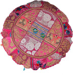 Indian Handmade Patchwork Codework Pink Round Pouf Cover Ottoman Floor Pillow Cushion Seating Throw Decorative Pom Pom Pillow Cases Boho 32 Inches, BFPC0106