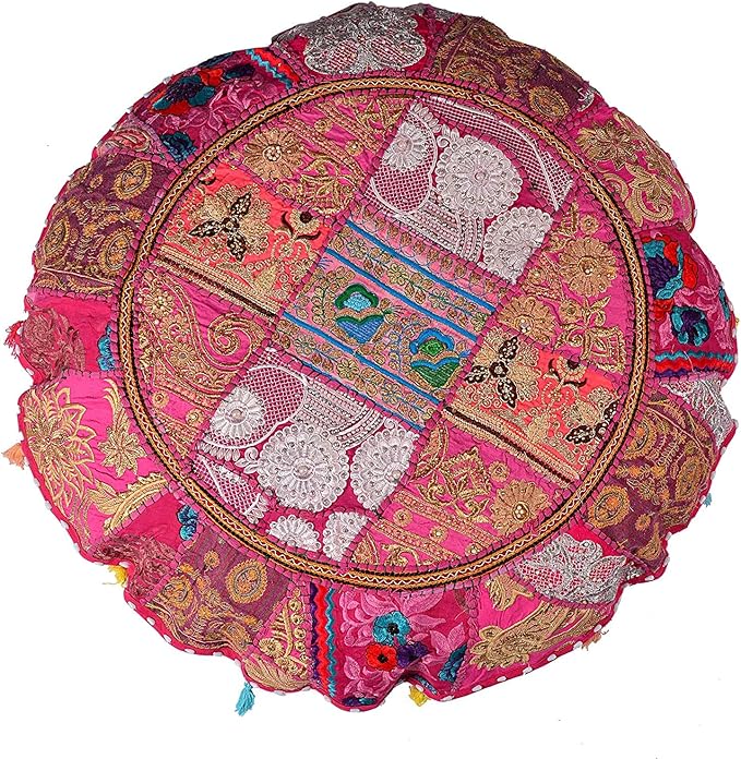 Indian Handmade Patchwork Codework Pink Round Pouf Cover Ottoman Floor Pillow Cushion Seating Throw Decorative Pom Pom Pillow Cases Boho 32 Inches, BFPC0106