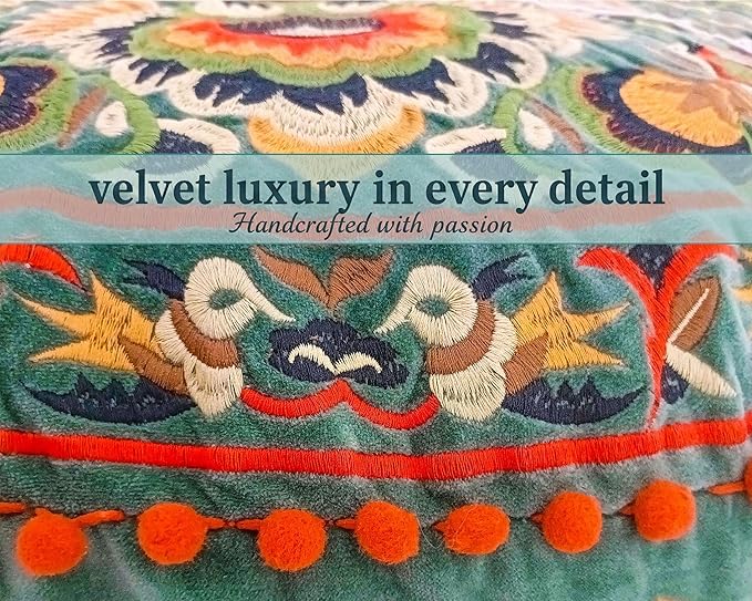 Mandala Life ART Green Round Velvet Pouf Cover - Soft Embroidered Ottoman Slipcover with Moroccan Design, 24 Inch Diameter, Ideal for Living Room, Bedroom, or Meditation Space - Floow Pillow Cushion