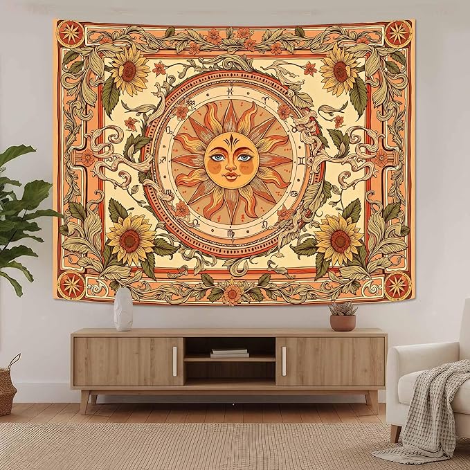 Accnicc Yellow Sun Tapestry Boho Floral Sunflower Plant Wall Tapestry for Bedroom Aesthetic Vintage Flower Celestial Small Tapestries Wall Hanging for Dorm Living Room Decor 48 x 36 Inch