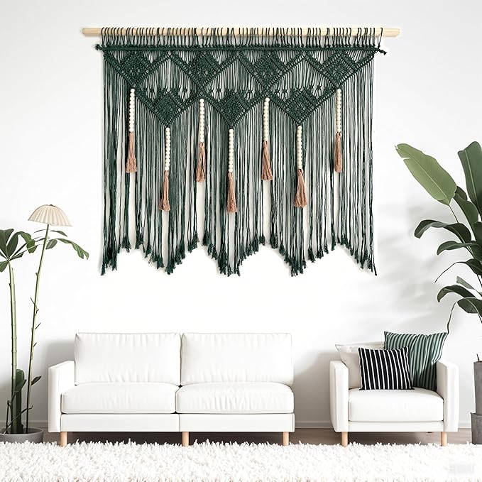Youngeast Large Macrame Wall Hanging Boho Woven Tapestry Bohemian Macrame Wall Decor Handmade Tassel Tapestry Home Decoration for Bedroom Living Room 39"X31" (Wood Dowels Not Included) (Dark Green)
