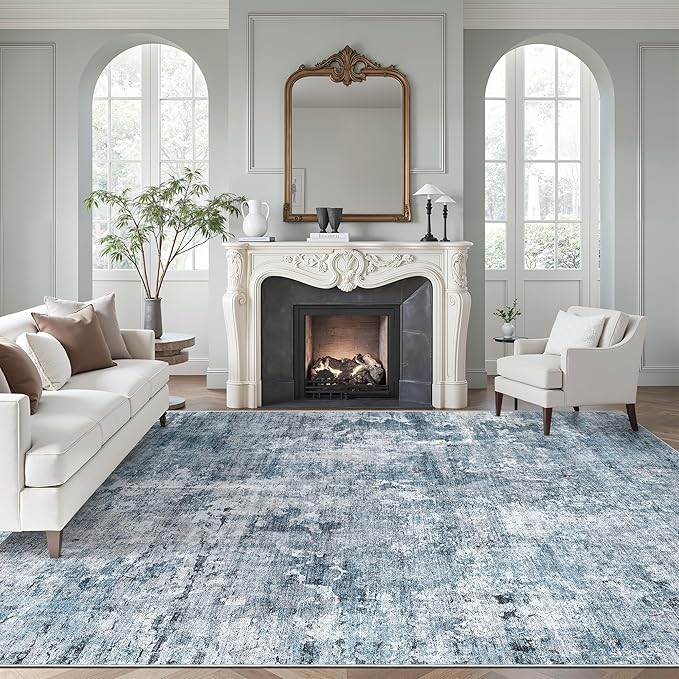 Area Rug 10x12 Vintage Washable Living Room Large Carpet Non Slip Bedroom Indoor Office Dining Room Low Pile Thin Rug Blue/Grey