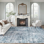 Area Rug 10x12 Vintage Washable Living Room Large Carpet Non Slip Bedroom Indoor Office Dining Room Low Pile Thin Rug Blue/Grey