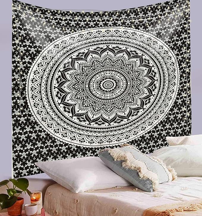 ANJANIYA Ombre Wall Hanging Bohemian Tapestry, Metallic Wall Art Bedspread, Psychedelic Hippie Mandala Dorm Décor for Hanging, Bedding, Beach Coverlet Curtain, Black Silver, 54"X60"