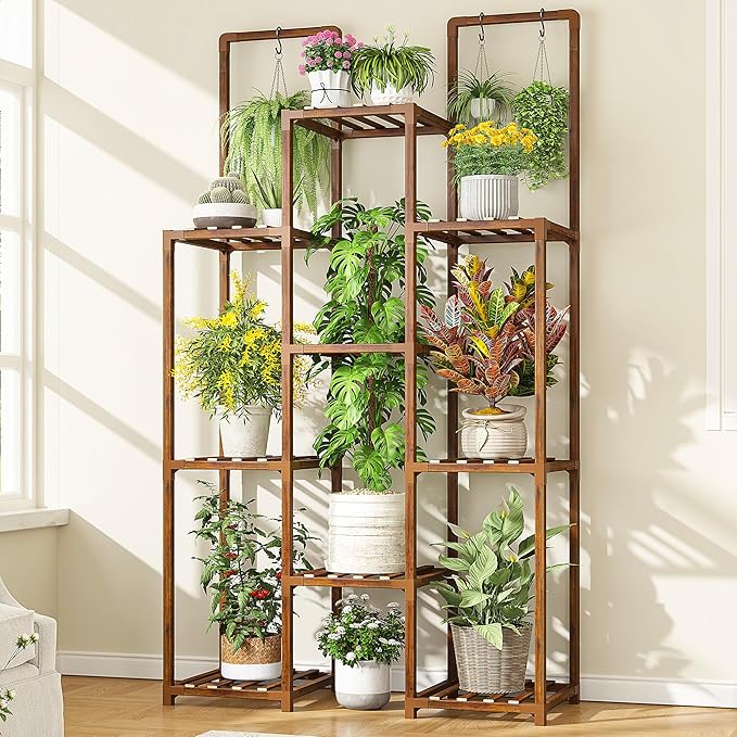 EnHomee 8 Tiers Plant Stand, Indoor Plant Stand with 11-16 Pots, Wood Plants Shelves for Living Room, Patio, Balcony, Yard, Garden, 34.2''W×11.8''D×47.4''H