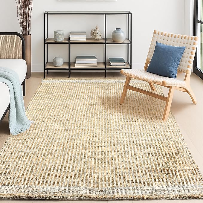 6' x 9' Jute & Wool Mini Check Area Rug with 4-Inch Border | Handwoven, Pile - 0.6"| Living Room, Dining & Bedroom Rug, Neutral Indoor Natural Farmhouse Décor (6' x 9')
