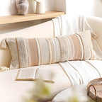 BlissBlush Decorative Lumbar Pillow Cover 14x36 for Bed, Neutral Cream Boho Long Accent Pillow with Tassels, Beige Rectangular Cushion for Couch Sofa Bench Bedroom (Cover Only)