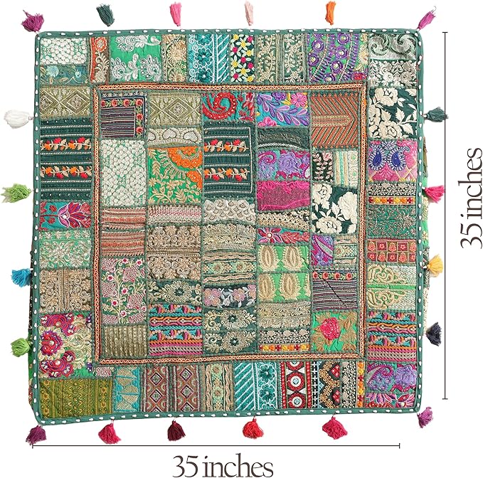 THE ART BOX Cotton Patchwork Vintage Boho Embroidered Floor Pillows & Cushion Cover Dog Pouf Seating Pouf Meditation Pillow Pet Bedding Cat Bed Boho Home Décor (35x35 Inches, Cover Only)
