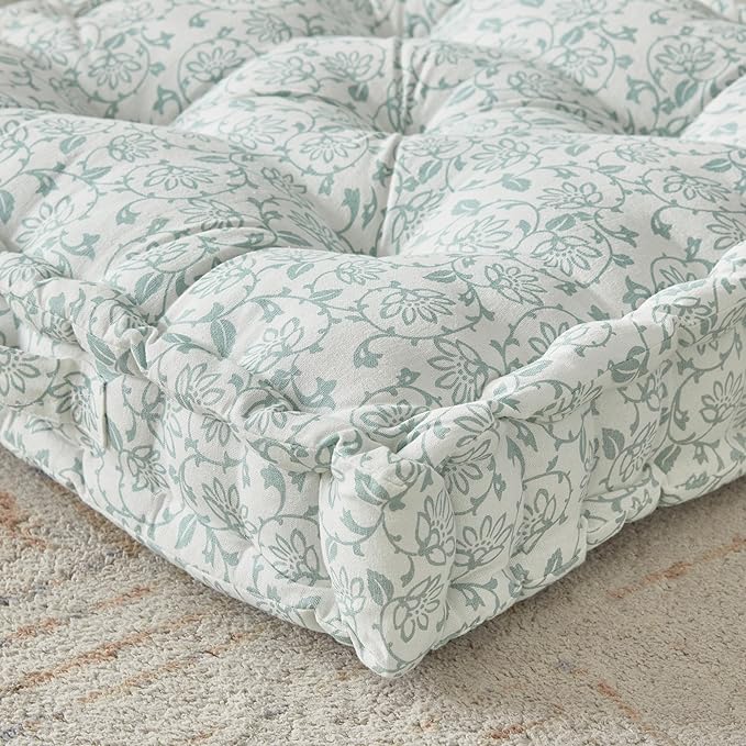 Peri Home Floor Pillow for Adults, Square, Oversized, 100% Cotton Large Floor Cushion Seating, Vine Floral Printed and Tufted, 24x24, Blue