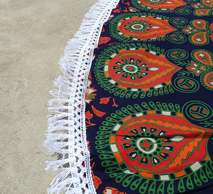 Round Beach Tapestry Turquoise Mandala Throw/Boho Hippie Beach Blanket Roundie/Indian Cotton Bohemian Large Round Table Cloth-Home Decor/Yoga Mat Meditation Picnic Rug (42", Orange and Green)