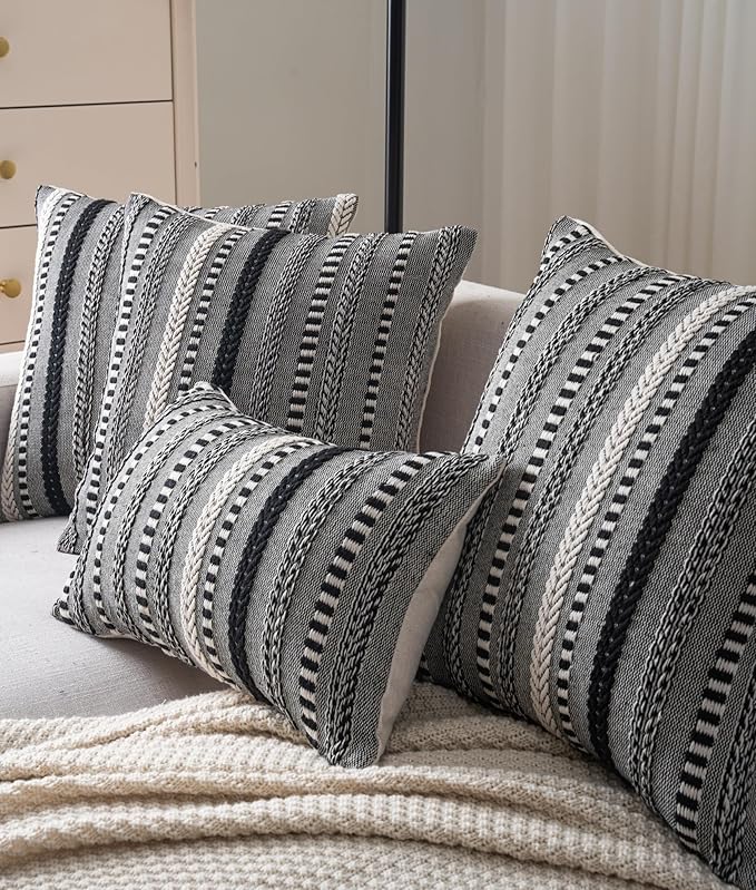 Boho Throw Pillow Covers 20x20 Inch Set of 2, Farmhouse Decorative Couch Pillow Cases, Black Accent Pillows of Bed, Sofa Bedroom Living Room Home Decor Cushion Cover