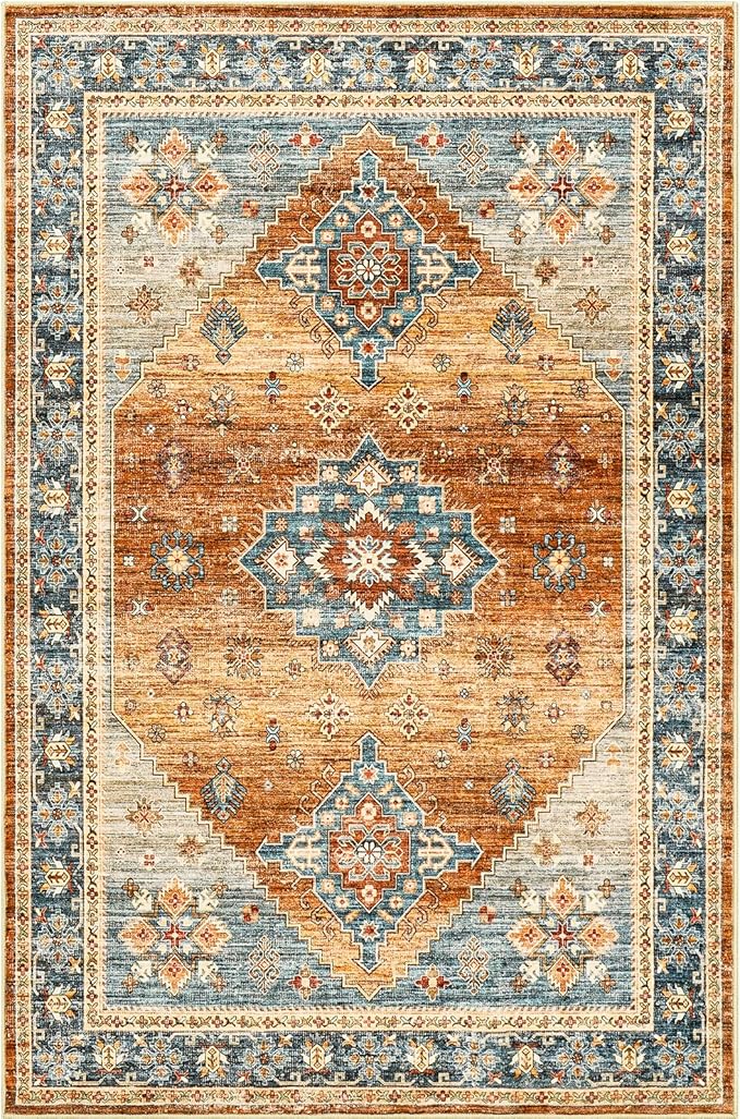 Area Rugs 5x7, Low Pile Non-Slip Backing Rugs, Super-Soft Home Decor Washable Rugs 5x7 Under Table, Foldable Floral Vintage Area Rug for Living Room (Navy/Orange, 5'x7')