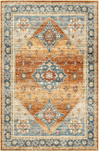 Area Rugs 5x7, Low Pile Non-Slip Backing Rugs, Super-Soft Home Decor Washable Rugs 5x7 Under Table, Foldable Floral Vintage Area Rug for Living Room (Navy/Orange, 5'x7')
