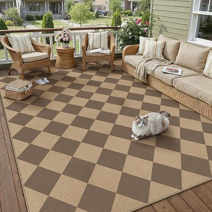5x7 Checkered Easy Jute Area Rug for Living Room Checkerboard Washable Indoor Outdoor Carpet Farmhouse Patio Office Mat Geometric Non Slip Brown Carpet for Backyard Dining Room