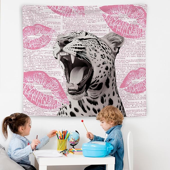WNAGT Retro Trendy Leopard Tapestry Wall Hanging, Cheetah Leopard Room Decor, Vintage Funky Cheetah Print Lips Wall Blanket Decor for Girls Bedroom Dorm Apartment Home, 50x60 Inch(Pink)