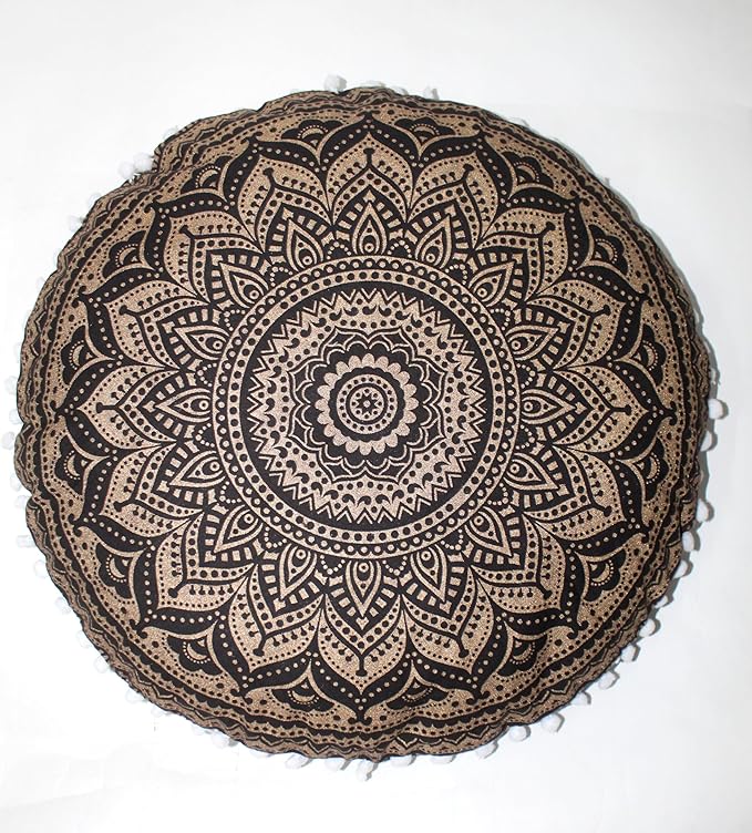 CRAFT KALA Large Round Bohemian Floor Pillow Pouf Cover Mandala Meditation Room Pillow Cover for Adults Boho Seating Poufs Cushion Cover for Kids Playroom 32" Black Gold Ombre