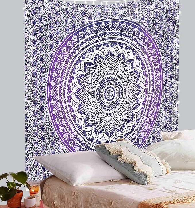 ANJANIYA Ombre Wall Hanging Bohemian Tapestry, Metallic Wall Art Bedspread, Psychedelic Hippie Mandala Dorm Décor for Hanging, Bedding, Beach Coverlet Curtain, Purple Blue, 54"X60"