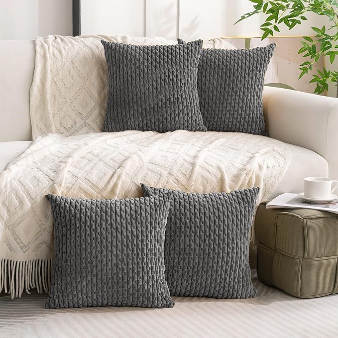 Set of 4 Dark Grey Decorative Throw Pillow Covers 22x22 Inch Corduroy Pillow Covers for Bed Couch Sofa Living Room Soft Square Cushion Cases