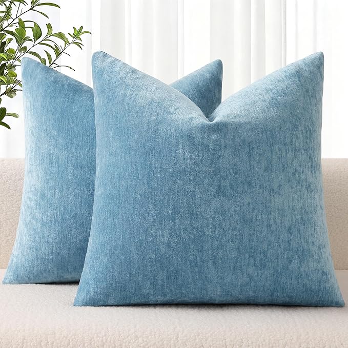 decorUhome Chenille Grey Blue Spring Throw Pillow Covers 18x18 Inch Set of 2, Decorative Soft Couch Pillow Covers Solid Dyed Accent Farmhouse Neutral Square Pillow Cases for Sofa