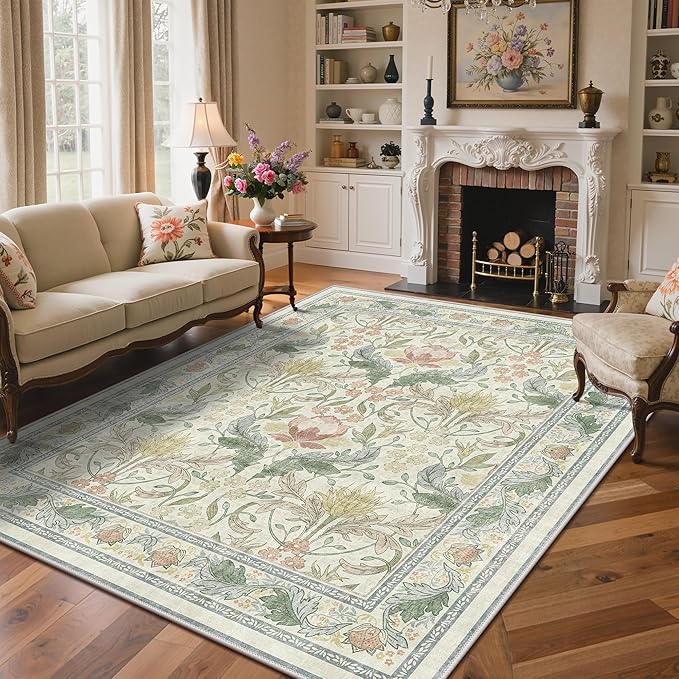 Bavni 8x10 Area Rugs for Living Room, Microfiber Machine Washable Non-Slip Vintage Floral Rug, Low Pile Lightweight Carpet for Bedroom, Dining Room, Home Office, Beige&Green