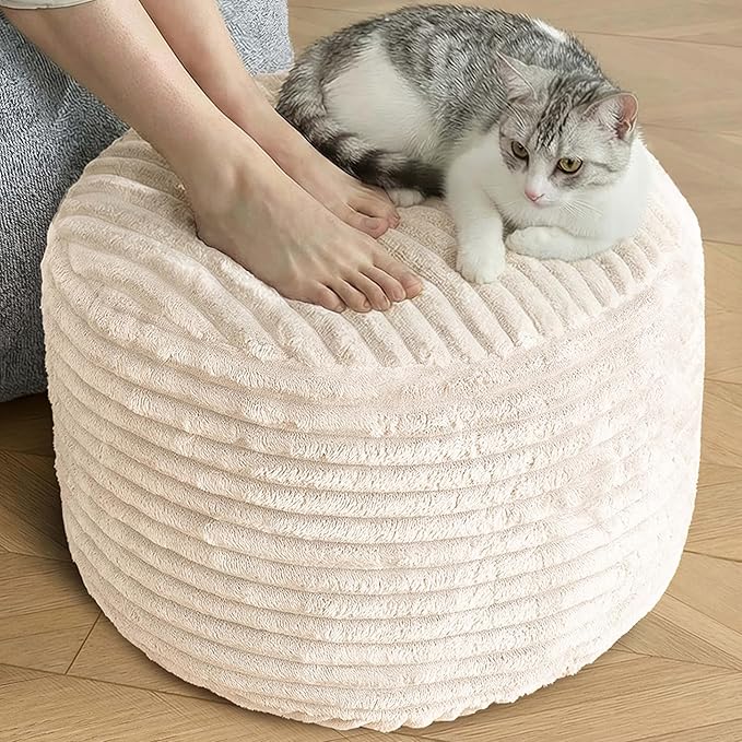 SHOUREN Stuffed Round Pouf Ottoman,Corduroy Foot Rest with Shredded Foam Filling, Lightweight and Fluffy Pouf Storage Ottoman for Living Room,Floor Poufs for Couch,20"x15", Beige