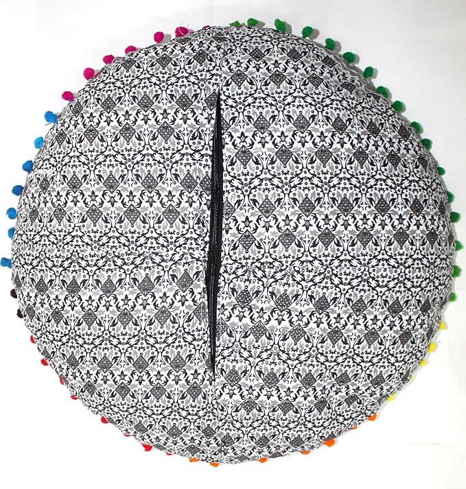 CRAFT KALA Large Round Bohemian Floor Pillow Pouf Cover Mandala Meditation Room Pillow Cover for Adults Boho Seating Poufs Cushion Cover for Kids Playroom 32" Round Grey Ombre