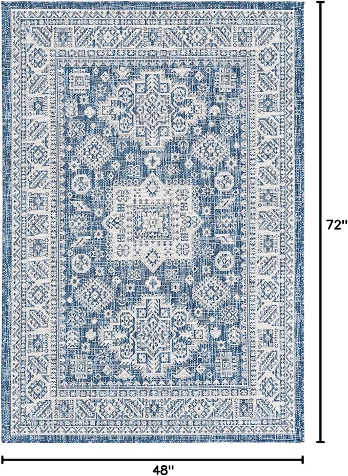 Rugs.com Outdoor Aztec Collection Rug – 4' x 6' Blue Flatweave Rug Perfect for Living Rooms, Large Dining Rooms, Open Floorplans