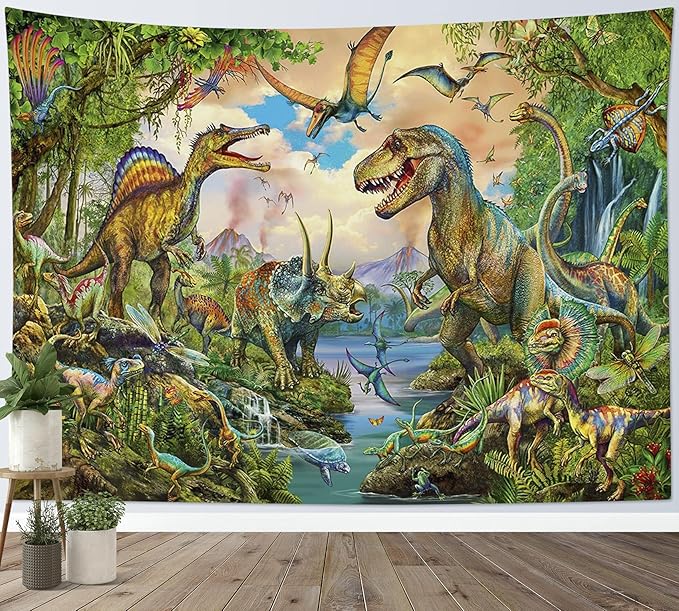 LB Dinosaur Tapestry for Boys Room Funny Cartoon Animal Wall Tapestry for Bedroom Wild Tropical Plants in Forest Tapestries Wall Hanging Poster Kids Birthday Party Background Wall Decor,92x70.5 Inch