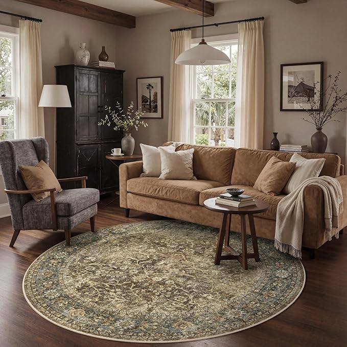 Bavni Round Rug 5ft-Machine Washable Area Rugs Non-Slip for Bedroom, 5x5 Vintage Floral Rug Distressed Throw Carpet for Living Room Nursery Kitchen Bathroom, Green
