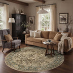 Bavni Round Rug 5ft-Machine Washable Area Rugs Non-Slip for Bedroom, 5x5 Vintage Floral Rug Distressed Throw Carpet for Living Room Nursery Kitchen Bathroom, Green