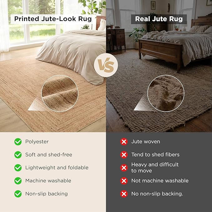 Bedsure 8x10 Printed Jute-Look Rug for Living Room, Machine Washable Rugs, Jute-Look Rug, Non-Slip Backing, Non-Shedding
