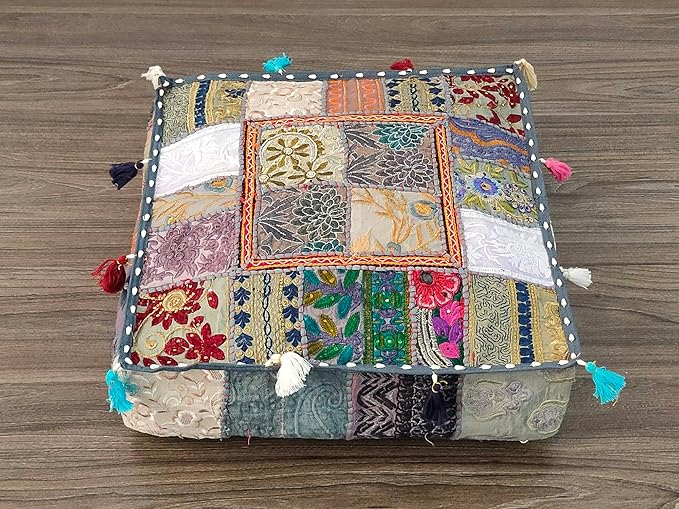 Mam Treasures Indian Bohemian Decorative Pillow Vintage Cushion Cover Patchwork Square Floor Pillow Cover Meditation Cushion Large Floor Pillow Indian Cushion (Gray, 16 X 16 X 5 Inch)