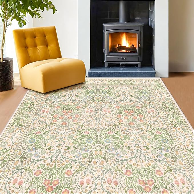 Light Beige Green Floral Living Room Rug, 7x9 Washable Area Rug for Kids Room, Bedroom, Nursery Room, Living Room, Dining Room, Low Pile Non-Slip - Vintage Design & Stain Resistance
