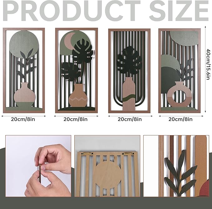 suruim Boho Wall Art Set of 4, Abstract Geometric Wooden Wall Decor, Mid-Century Modern Aesthetic Artwork with Arch, Vase & Botanical Design for Modern Home Decor for Bedroom, Office & Living Room(D)