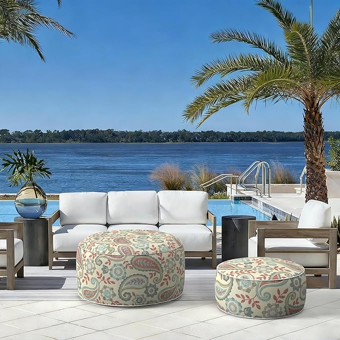 LVTXIII Indoor/Outdoor Inflatable Ottoman with Handle D21 x H9 Inch, Weather-Resistant Round Footstool Pouf for Patio Camping Living Room, Portable Footrest Extra Seating, Paisley Vintage