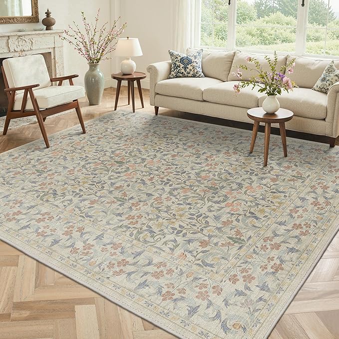 GENIMO 8x10 Washable Area Rug, Non-Slip Vintage Boho Floral Carpet, Soft Low-Pile Thin Living Room Rug for Bedroom, Dining Room, Nursery, Beige Blue