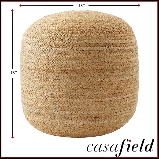Casafield Hand-Braided Jute Pouf Ottoman Footrest, 18" W x 18" D x 18" H - Round, Natural Woven Boho Floor Cushion, Home Decor for Living Room