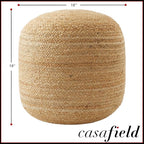 Casafield Hand-Braided Jute Pouf Ottoman Footrest, 18" W x 18" D x 18" H - Round, Natural Woven Boho Floor Cushion, Home Decor for Living Room