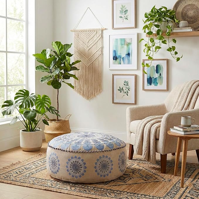 Large Round Floor Pillow Cover Blue Indian Décorative Accent Meditation Cushion Perfect for Living Room, Bedroom, Nursary or Children Room Seating Area Stool Footstool Pouf Ottoman 24x8 Unstuffed